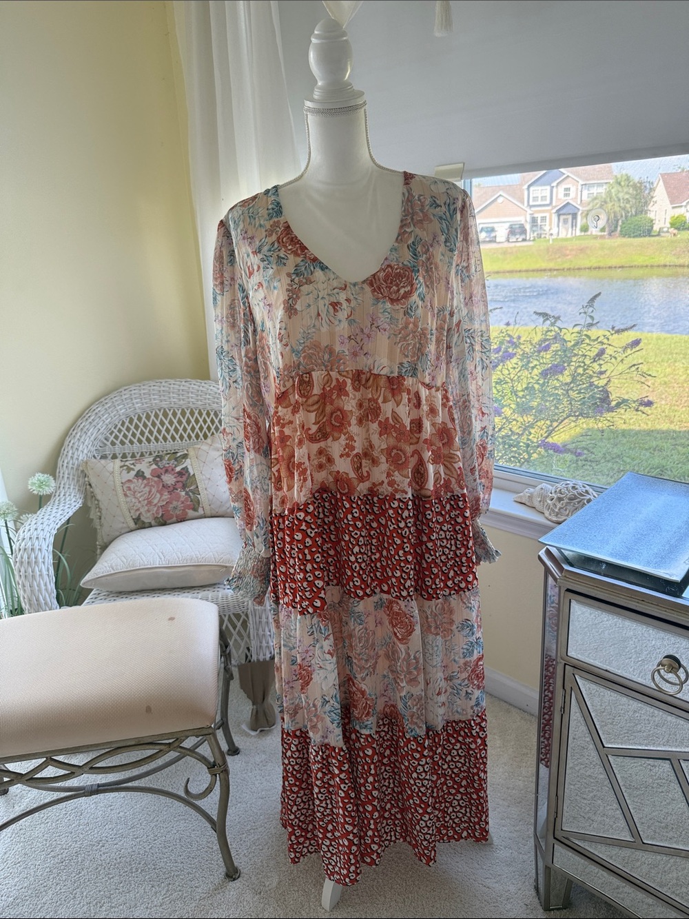 Umgee floral mixed media patchwork sheer flowing boho teired sun dress romantic